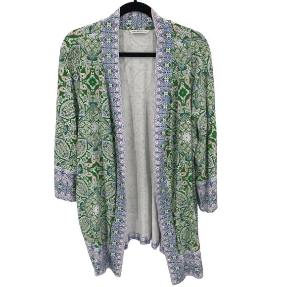Isaac Mizrahi Sweaters - Isaac Mizrahi  Womens Green Paisley Double Knit 3/4 Sleeve Open Cardigan XL